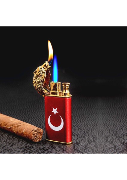 Çift Yanar Çakmak Kurt Figürlü Türk Bayraklı