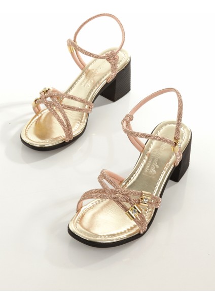 MİA100-TPK-1117 Rahat Taşlı Abiye Günlük-Düğün-Eğlence-Tatil Altın Topuklu Ayakkabı fırsatları