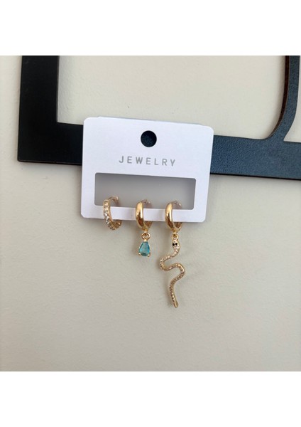 Altın Renk Zarif Minimal Çelik Küpe Seti – Taşlı, Damla Taşlı ve Yılan Figürlü fiyatları