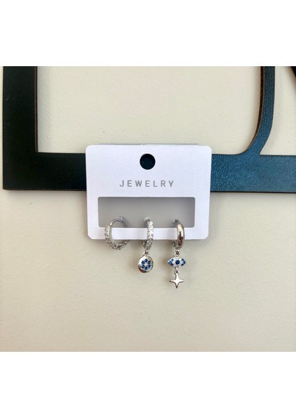 Gümüş Renkli 3’lü Yıldız & Nazar Boncuklu Küpe Seti modelleri