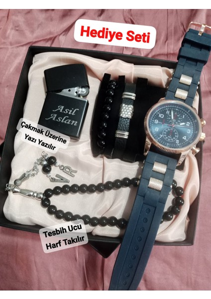 Hediyelik Özel Kutulu Erkek Kombin Saat Seti Çakmak Tesbih Bileklikler Hediye Seti - 6053