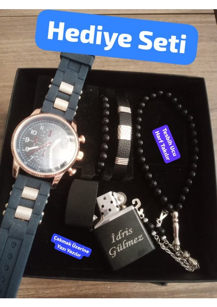 Hediyelik Özel Kutulu Erkek Kombin Saat Seti Çakmak Tesbih Bileklikler Hediye Seti - 6053