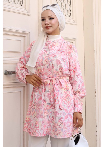 Desenli Tesettür Gömlek Pembe 704