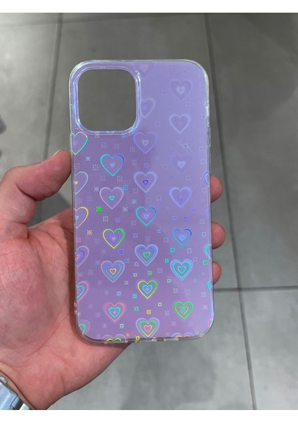 Apple iPhone 12 ve 12 Pro Uyumlu Kalp Desenli Hologramlı Silikon Kılıf