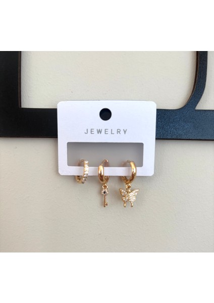 Kelebek Motifli Taşlı Halka Küpe Seti – Zarif