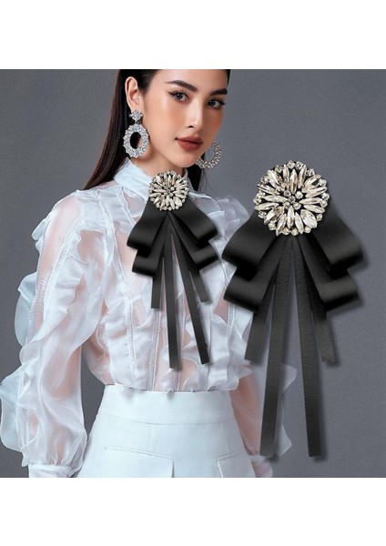 Saten Siyah,elya Serisi,kristal Taş Tasarım Kurdela Broş,yaka Broş,kadın Kravat