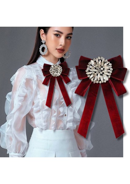 Kadife 2 cm Bordo,elya Serisi,kristal Taş Tasarım Kurdela Broş,yaka Broş,kadın Kravat