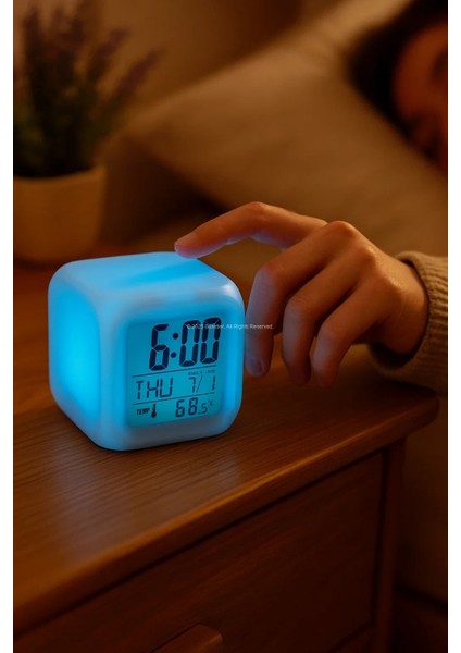 Renk Değiştiren LED Işıklı Küp Dijital Masa Saati Alarm Termometre ve Takvim Özellikli modelleri