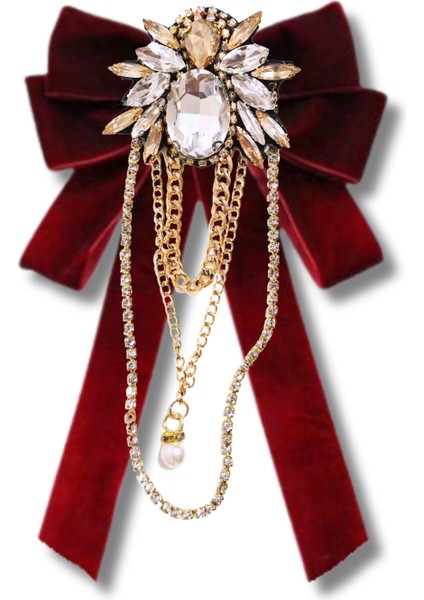 Kadife 2 cm Bordo,elya Serisi,kristal Taş Tasarım Kurdela Broş,yaka Broş,kadın Kravat