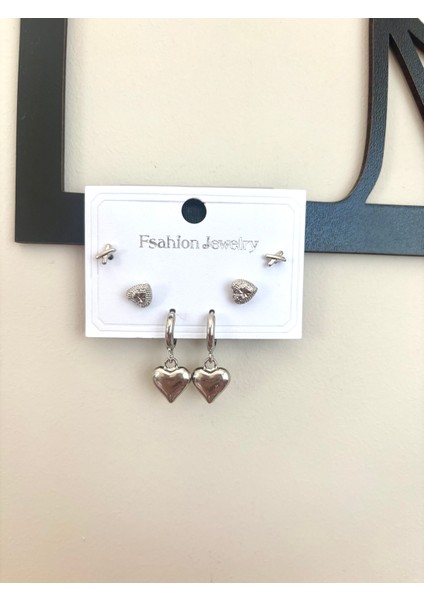 6 lı Set Gümüş Renk Kalp ve Yıldız Çelik Küpe Seti – Romantik ve Şık Tasarım