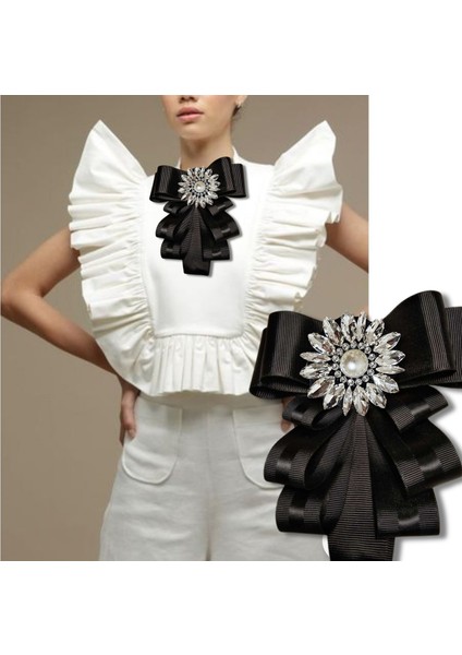 Grogren Siyah,elya Serisi,kristal Taş Tasarım Kurdela Broş,yaka Broş,kadın Kravat