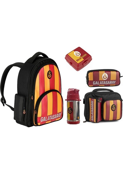 Galatasaray Lisanslı Çubuklu Forma Temalı Çelik Termoslu Ilkokul Çanta Seti – Beş Parçalı Set