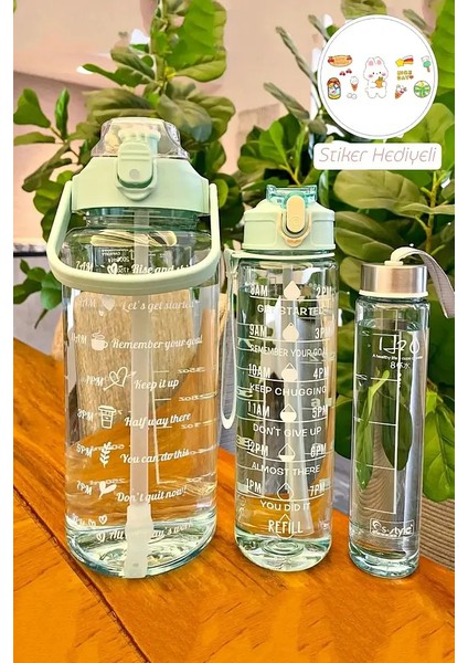 3'lü Suluk Matara Motivasyonel Soft Green Stickerlı Pipetli Taşınabilir Sızdırmaz Su Şişesi Matarası
