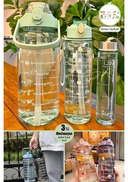 3'lü Suluk Matara Motivasyonel Soft Green Stickerlı Pipetli Taşınabilir Sızdırmaz Su Şişesi Matarası fiyatları