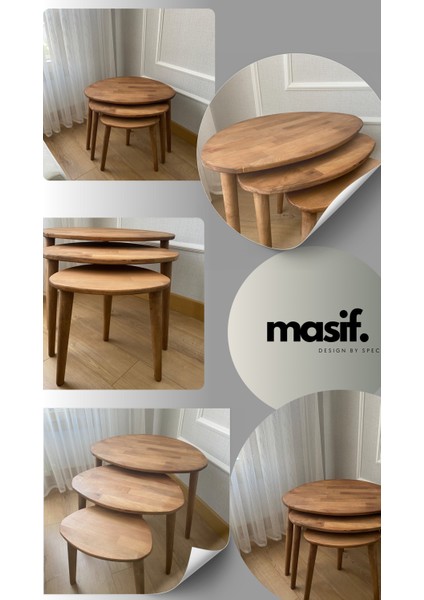 Kayın Masif Ahşap 3'lü Zigon Sehpa Seti, Yuvarlak Modern Tasarım, Doğal Ahşap Sehpa Takımı , 3 lü Şamdan Set hediye fırsatları