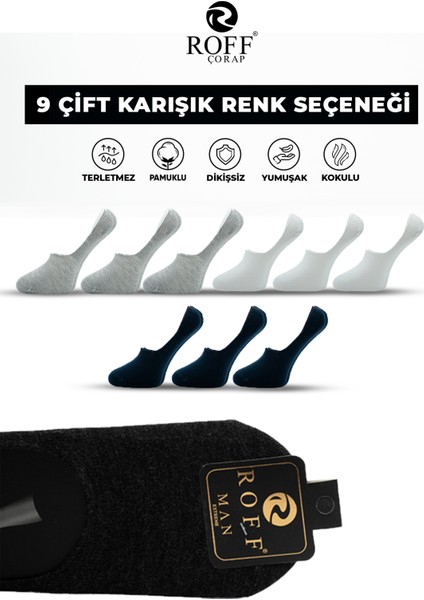 Pamuklu Erkek Babet Çorap Dikişsiz Görünmez Kaydırmaz Silikonlu 9’lu Paket