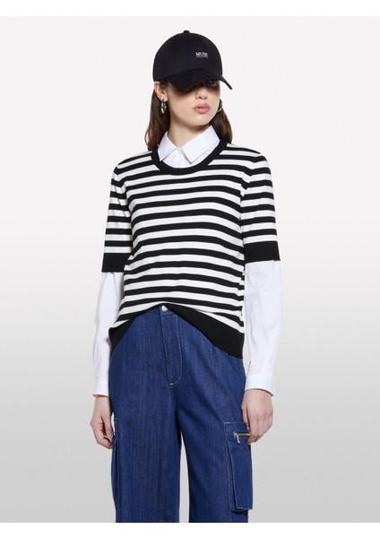 Sisley Viskoz Karışımlı Çizgili Yarım Kollu Kazak Kadın Mavi Kazak - 325P17Q3L105R fırsatları