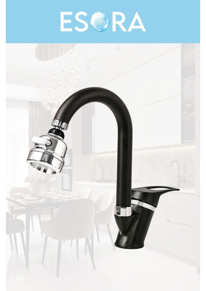 Siyah Krom Baston Lavabo Bataryası Filtreli Oynar Başlıklı Banyo Musluğu Çeşmesi Çift Su Girişli