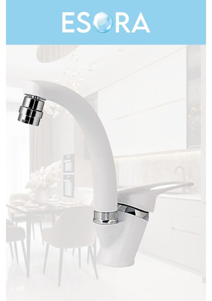 Beyaz Krom Mix Oynar Başlıklı Lavabo Bataryası Çift Su Grişli Çeşme Banyo Musluğu Mutfak Çeşmesi