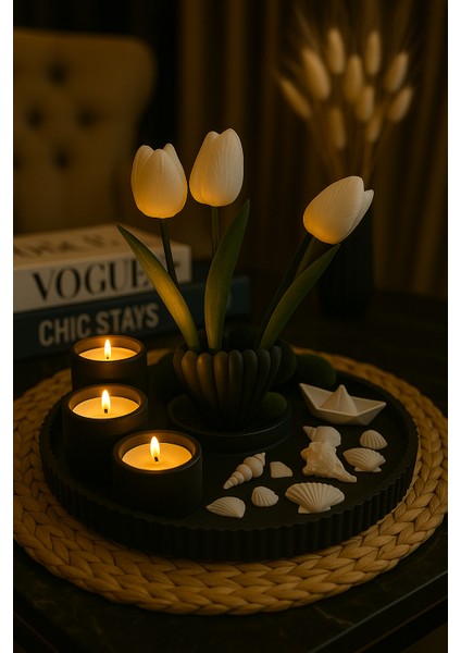 7 Parça Dekoratif Sunum - Istiridye Vazolu Deniz Temalı Tealight Mumluk Seti