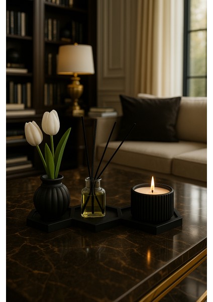 6'lı Set Premium 3’lü Altlık Seti + Dekoratif Vazo, Kokulu Mum ve Lüks Oda Kokusu