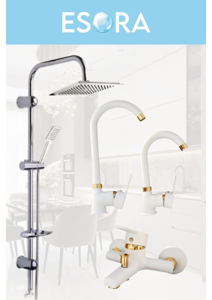 Krom Dubai Robot Duş Seti , Beyaz Gold Delta Eviye , Lavabo , Banyo Bataryası 4’lü Set