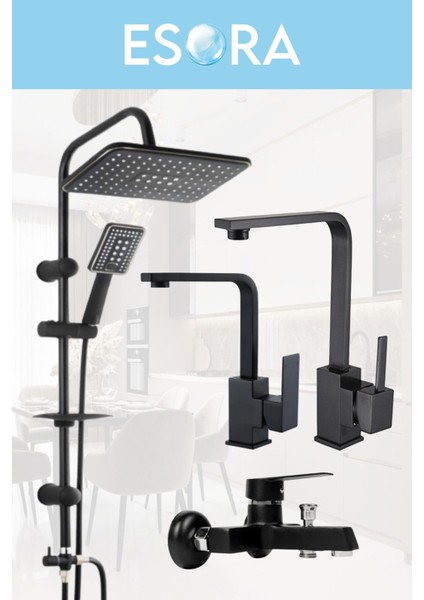 Siyah Lüx Robot Duş Seti , Lüx Kare Eviye , Lavabo , Banyo Bataryası 4’lü Set