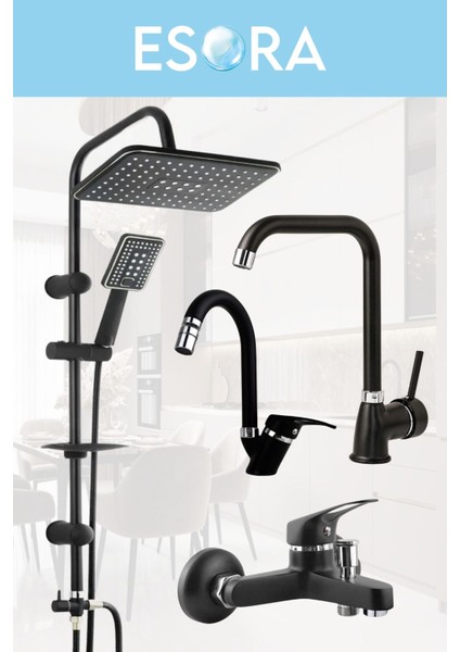 Siyah Robot Duş Set Köşe Borulu Eviye, Baston Borulu Lavabo ve Banyo Bataryası 4lü Set