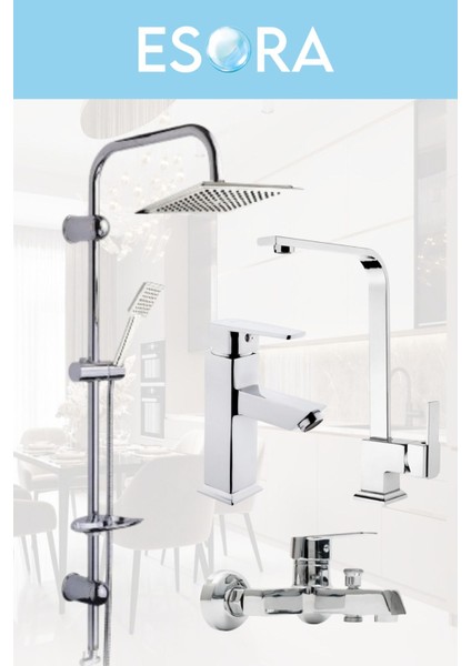 Dubai Krom Robot Duş Seti , Krom Lüx Kare Eviye , Sabit Lavabo , Banyo Bataryası 4’lü Set