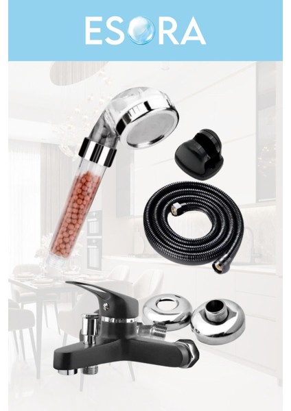 Siyah Banyo Bataryası Duş Başlığı Hortumu ve Mafsalı Set