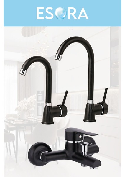 Siyah Krom Baston Borulu Eviye Mutfak , Lavabo , Banyo Bataryası 3'lü Set