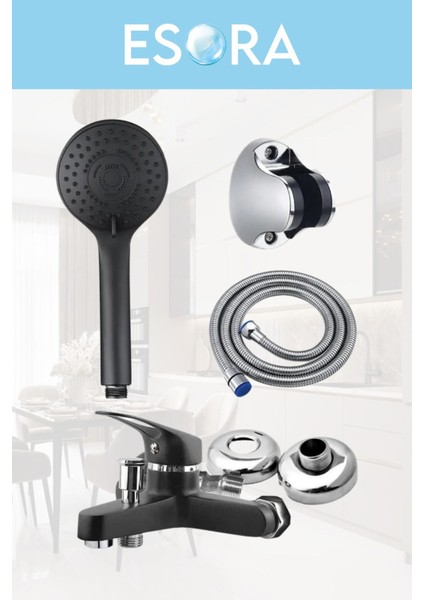 Siyah Banyo Bataryası Duş Başlığı Hortumu ve Mafsalı Set