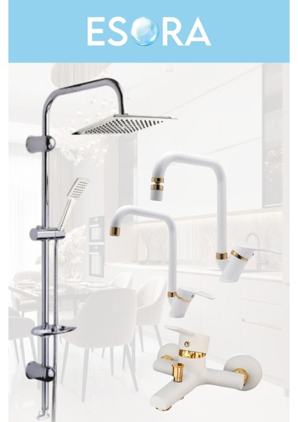 Dubai Krom Robot Duş Seti , Beyaz Gold Köşe Borulu Eviye , Lavabo , Banyo Bataryası 4’lü Set