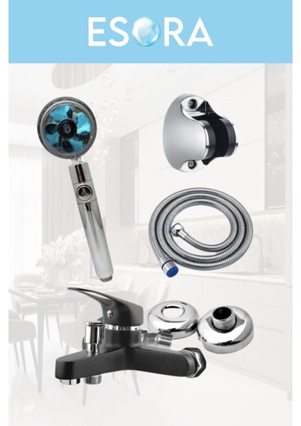 Siyah Banyo Bataryası Duş Başlığı Hortumu ve Mafsalı Set