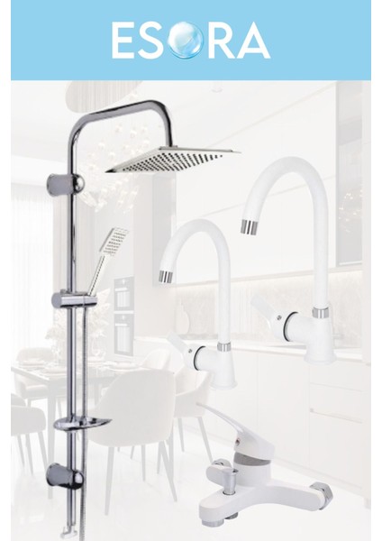 Krom Dubai Robot Duş Seti , Beyaz Krom Delta Eviye , Lavabo , Banyo Bataryası 4’lü Set