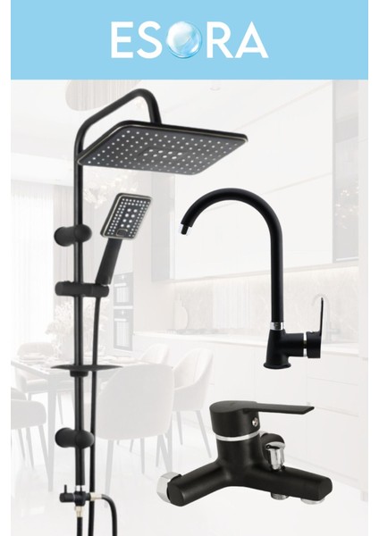 Siyah Robot Tepe Yağmurlama Delta Banyo-Lavobo Musluğu Çeşmesi 3'lü Set