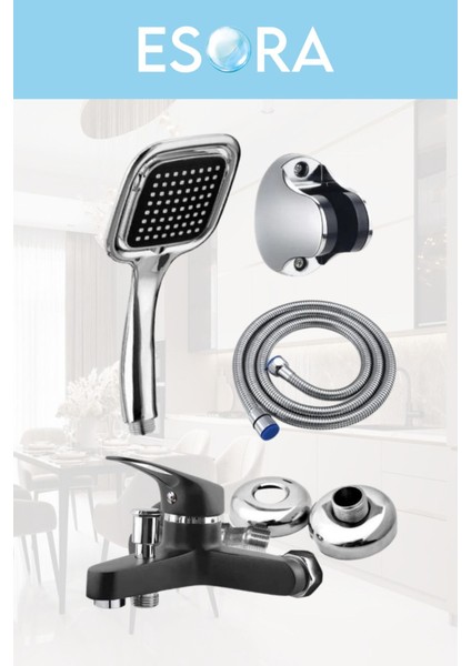 Siyah Banyo Bataryası Duş Başlığı Hortumu ve Mafsalı Set