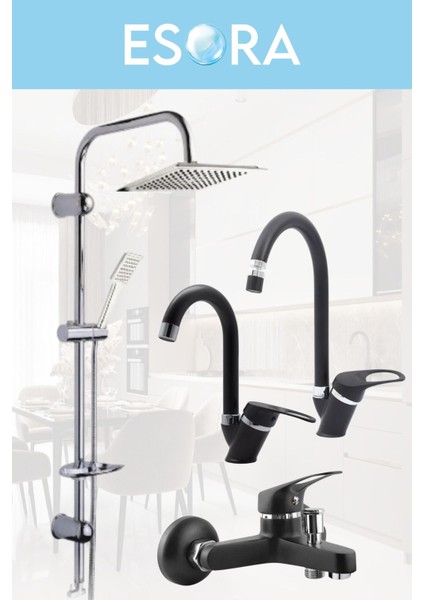 Krom Dubai Robot Duş Seti , Siyah Krom Mix Eviye , Lavabo , Banyo Bataryası 4’lü Set