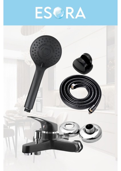 Siyah Banyo Bataryası Duş Başlığı Hortumu ve Mafsalı Set