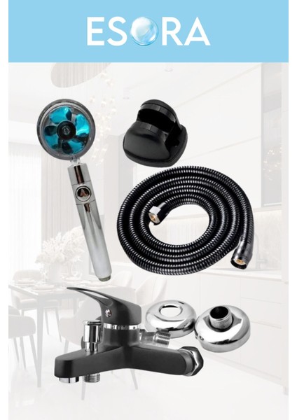 Siyah Banyo Bataryası Duş Başlığı Hortumu ve Mafsalı Set