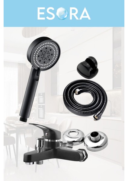 Siyah Banyo Bataryası Duş Başlığı Hortumu ve Mafsalı Set