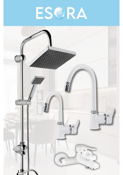 Krom Siyah Tepe Yağmurlama, Beyaz Delta Banyo-Mutfak-Lavabo Bataryası Musluğu Çeşmesi 4'lü Set