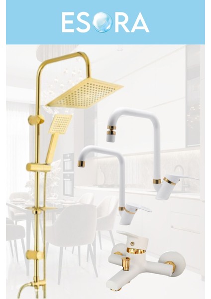 Gold Kare Robot Duş Seti , Beyaz Gold Köşe Borulu Eviye , Lavabo , Banyo Bataryası 4’lü Set