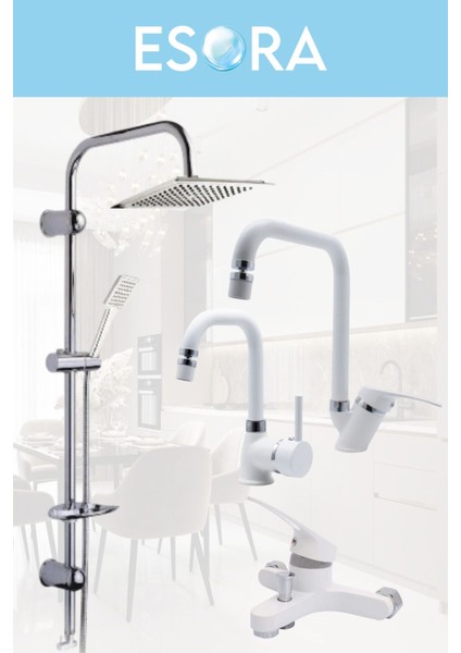 Dubai Krom Robot Duş Seti , Beyaz Köşe Borulu Eviye , Lavabo , Banyo Bataryası 4’lü Set