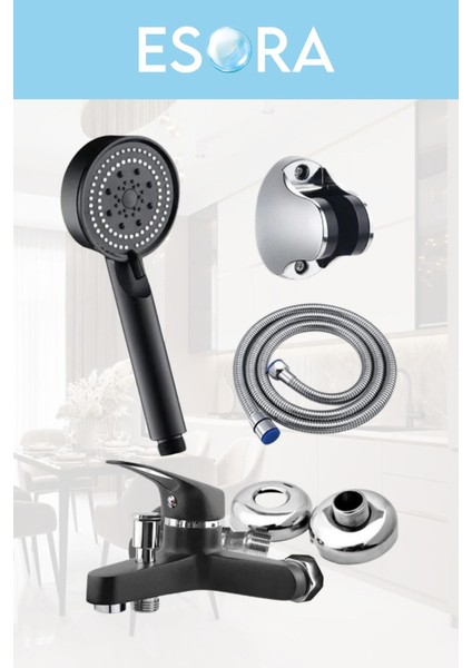 Siyah Banyo Bataryası Duş Başlığı Hortumu ve Mafsalı Set