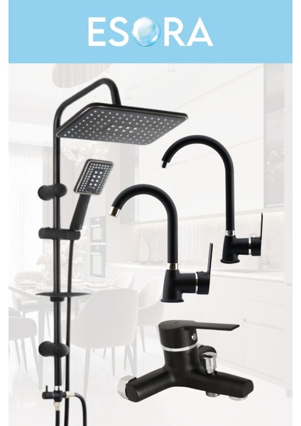 Siyah Robot Tepe Yağmurlama Delta Banyo-Mutfak-Lavabo Bataryası Musluğu Çeşmesi 4' Lü Set Paslanmaz