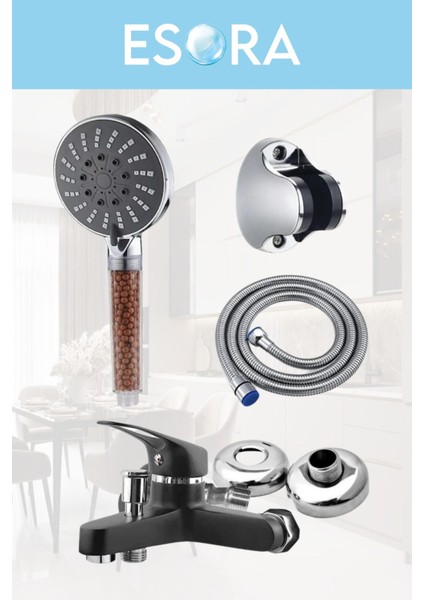 Siyah Banyo Bataryası Duş Başlığı Hortumu ve Mafsalı Set