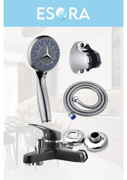 Siyah Banyo Bataryası Duş Başlığı Hortumu ve Mafsalı Set