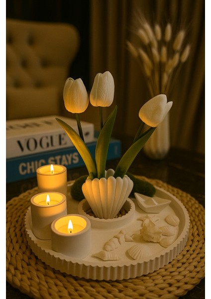 7 Parça Dekoratif Sunum - Istiridye Vazolu Deniz Temalı Tealight Mumluk Seti