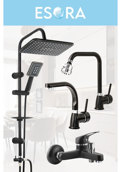 Siyah Robot Duş Seti Baston Borulu Eviye, Mix Lavabo ve Banyo Bataryası 4lü Set